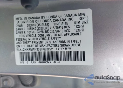 2016 Honda Cr-V Lx from USA, damaged, VIN 2HKRM4H33GH692222